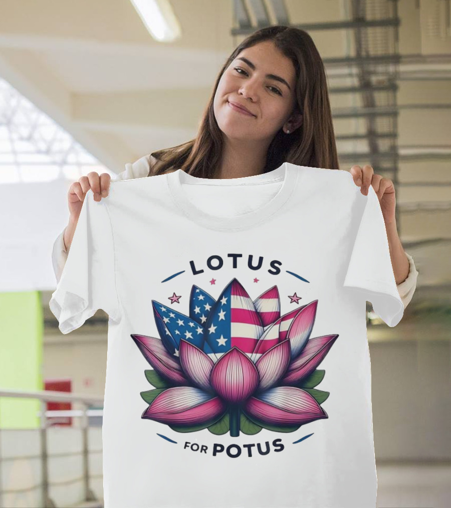 Kamala Harris 2024 Lotus for POTUS American Flag Blossom T-Shirt