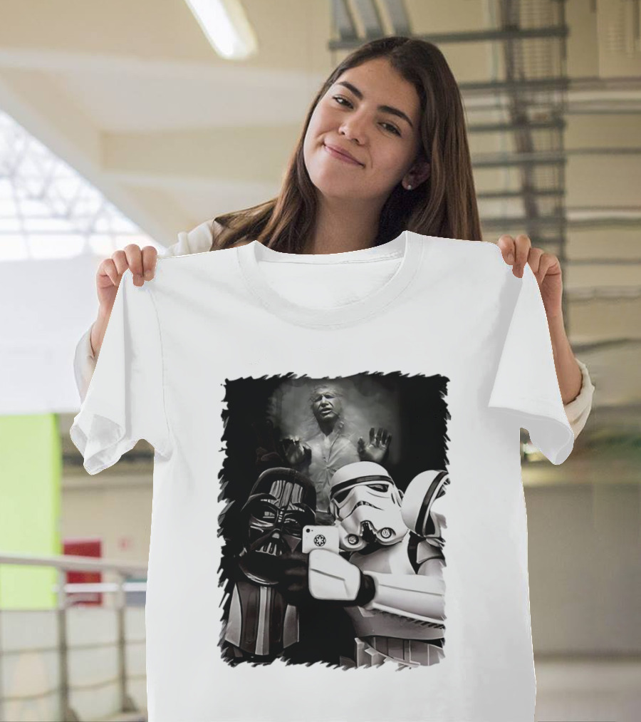 Star Wars Darth Vader and Stormtrooper Taking Selfie with Han Solo Frozen in Carbonite T-Shirt