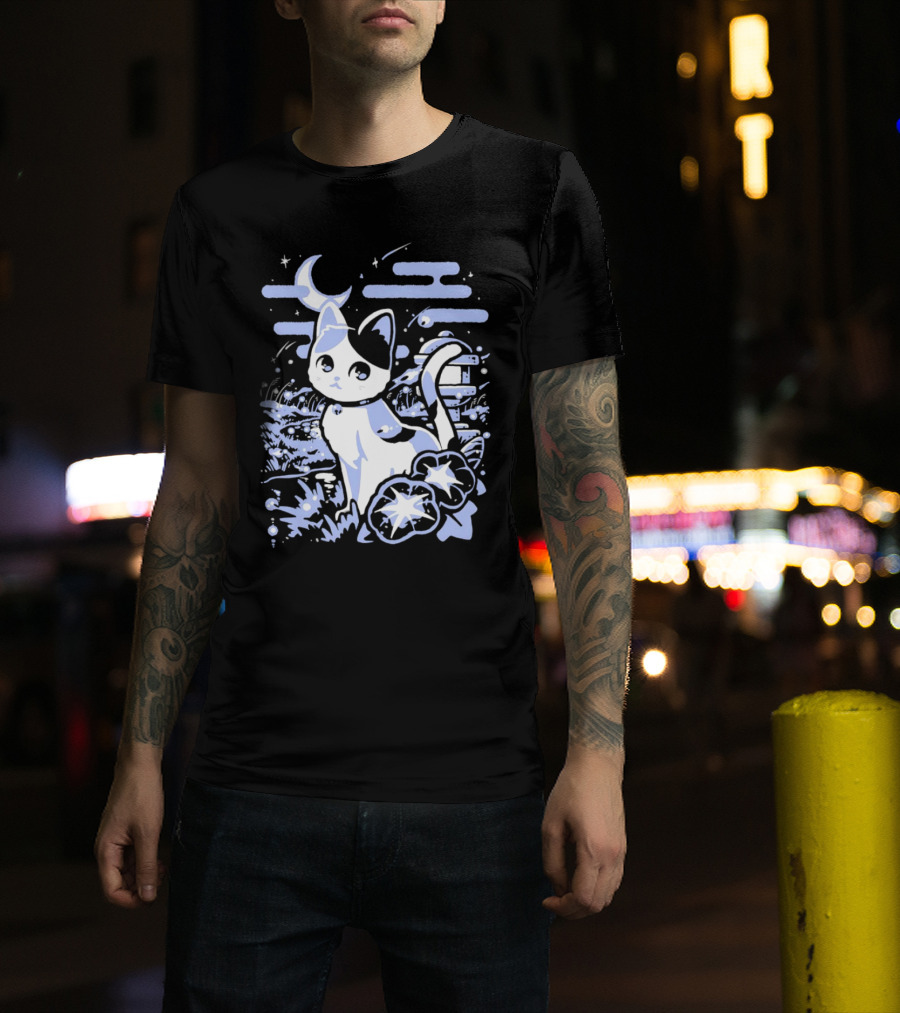 A Cat Amidst Moonlit Fireflies And Stars T-Shirt