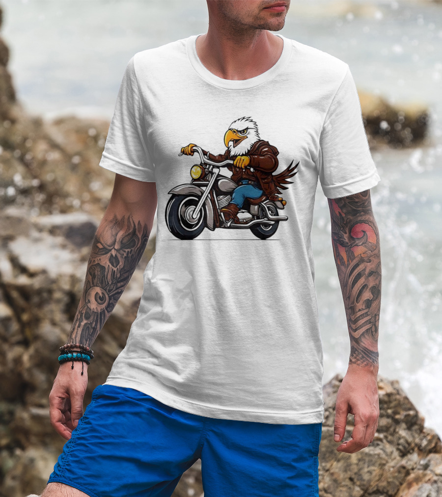 Eagle Riding Motorcycle In Brown Jacket And Blue Jeans T-Shirt