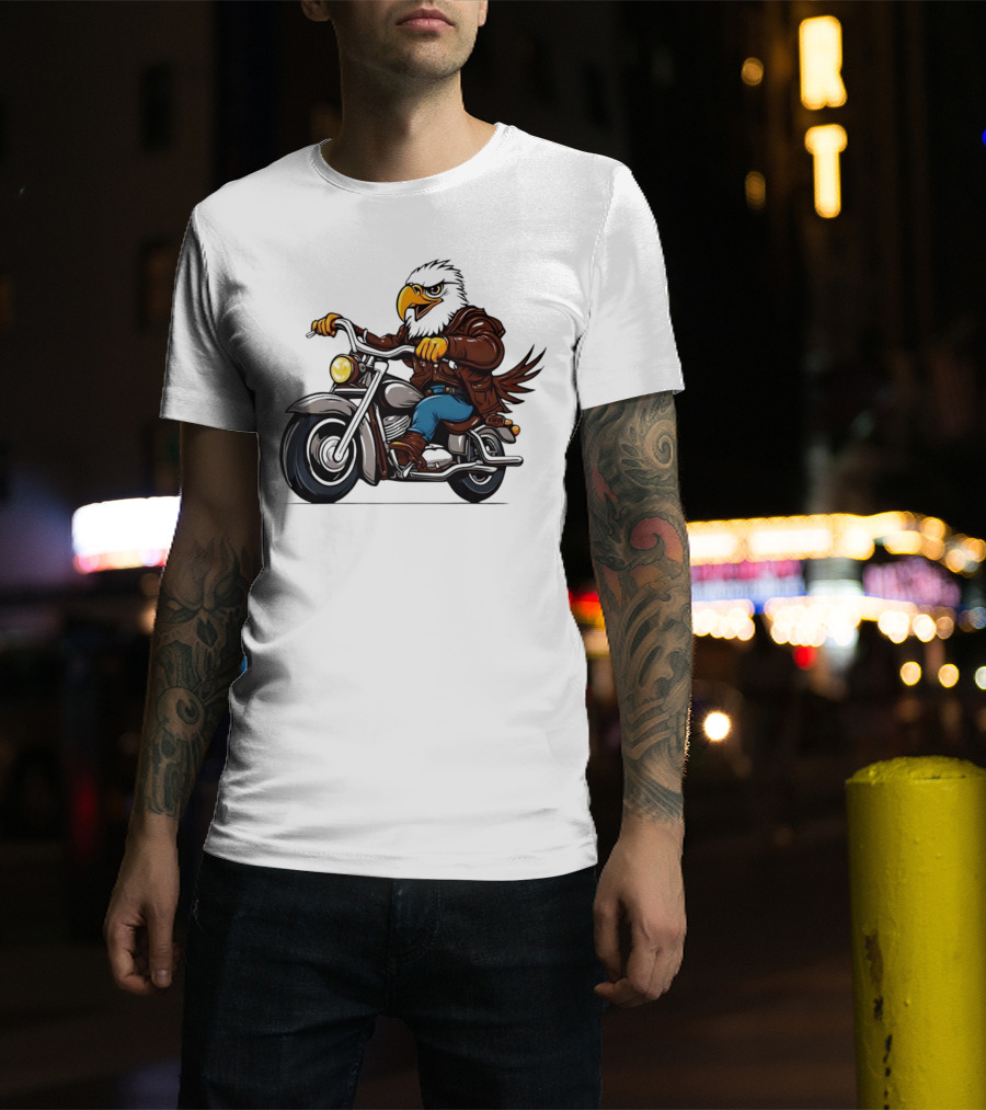 Eagle Riding Motorcycle In Brown Jacket And Blue Jeans T-Shirt
