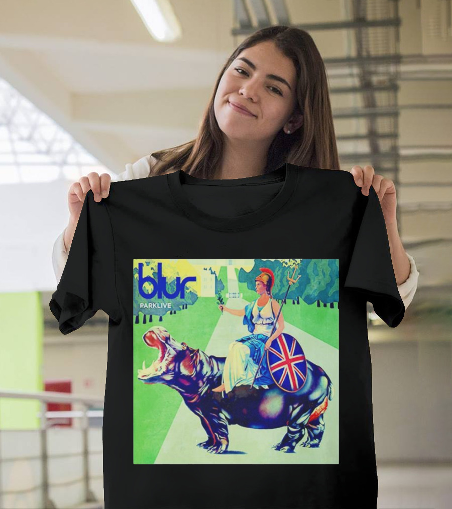 Blur Parklive Woman on Hippopotamus with Union Jack Shield T-Shirt