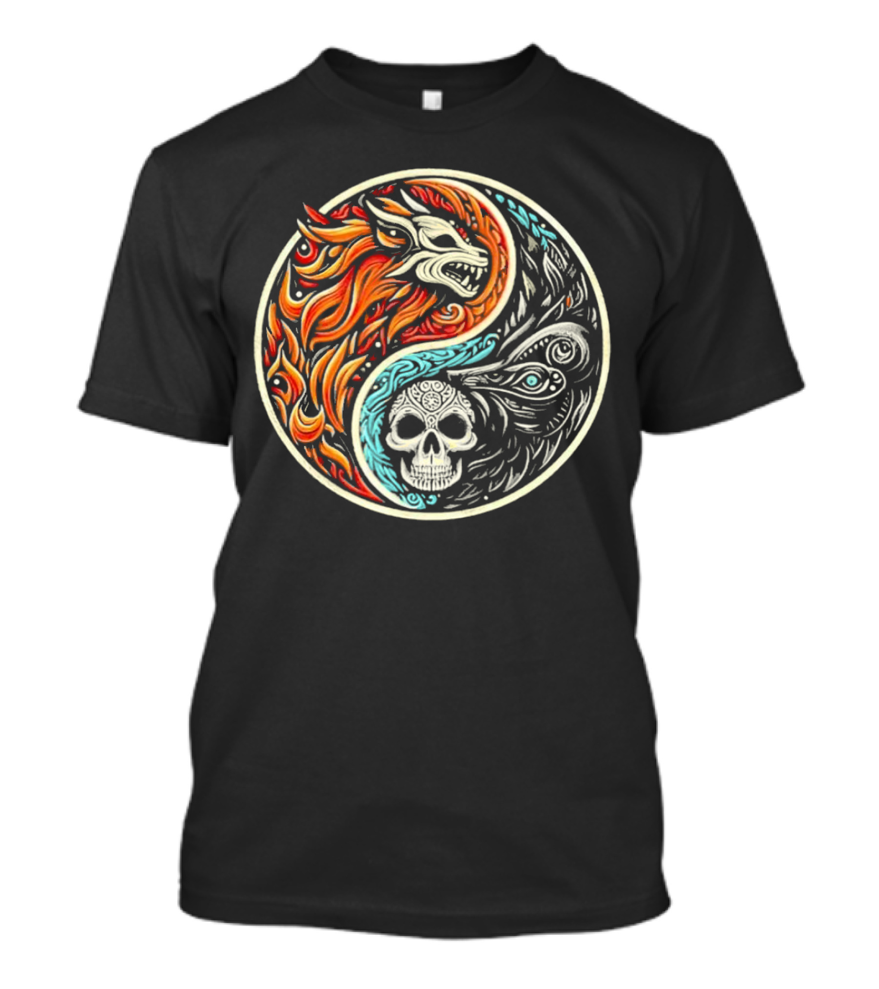 Wolf Warrior Yin Yang Skull Flame Elements T-Shirt