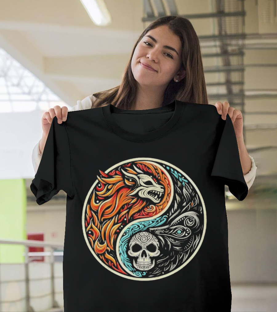 Wolf Warrior Yin Yang Skull Flame Elements T-Shirt