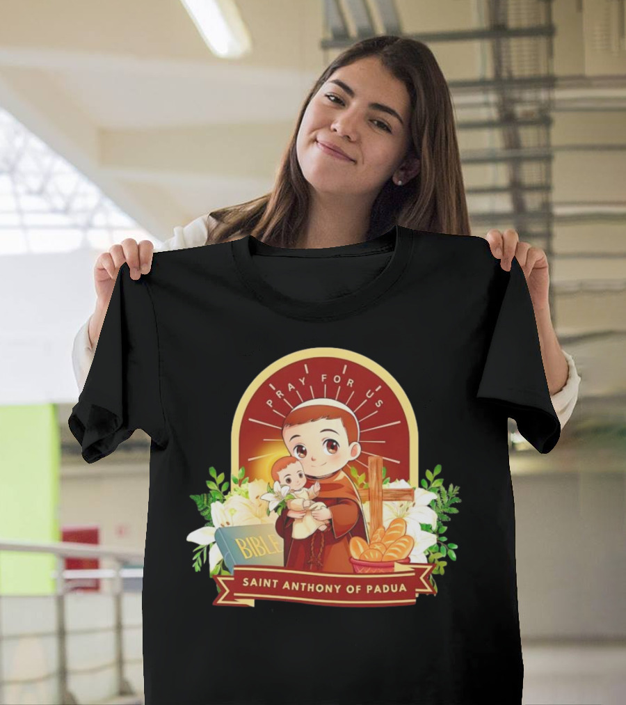Saint Anthony Of Padua Pray For Us Cartoon With Bible And Bread T-Shirt