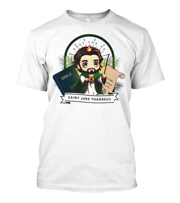Saint Jude Thaddeus Pray For Us Cartoon Bible Scroll Flame T-Shirt