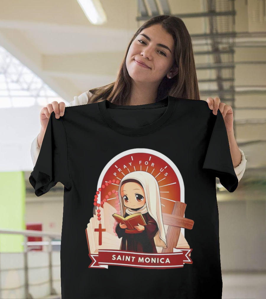 Saint Monica Pray For Us Cartoon Hippo Theme With Book And Cross T-Shirt