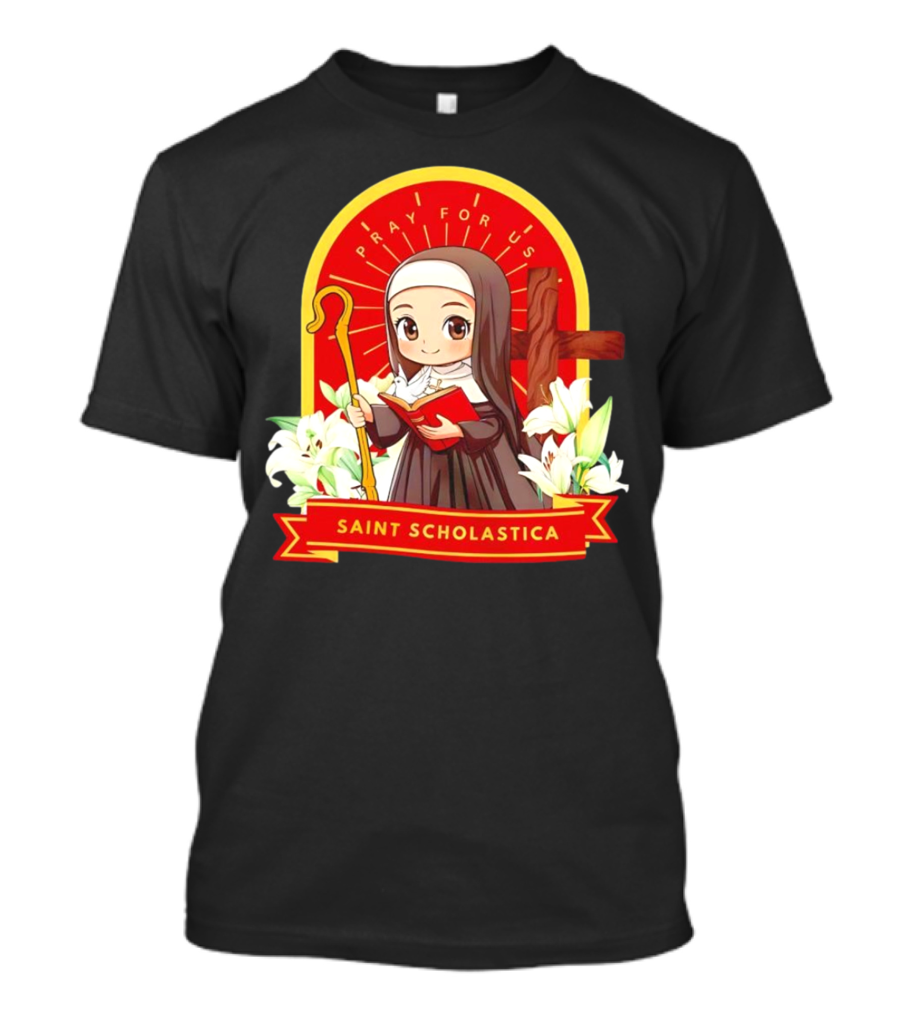 Saint Scholastica Pray For Us Cartoon Cute Nun Illustration With Cross And Flowers T-Shirt
