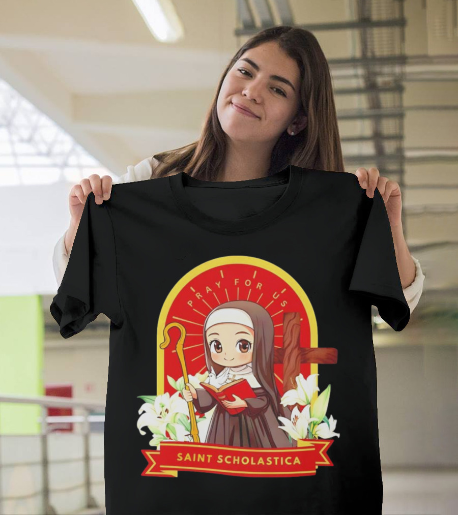 Saint Scholastica Pray For Us Cartoon Cute Nun Illustration With Cross And Flowers T-Shirt