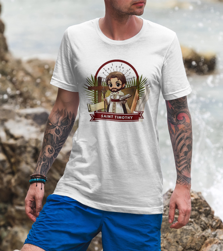 Saint Timothy Pray For Us Cartoon With Cross And Feather Motif T-Shirt