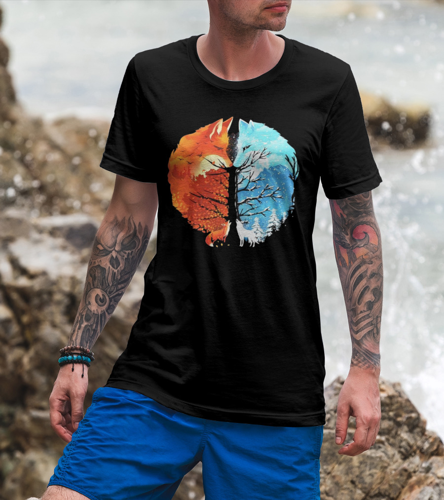 Fire And Ice Fox Dual Seasons Tree T-Shirt