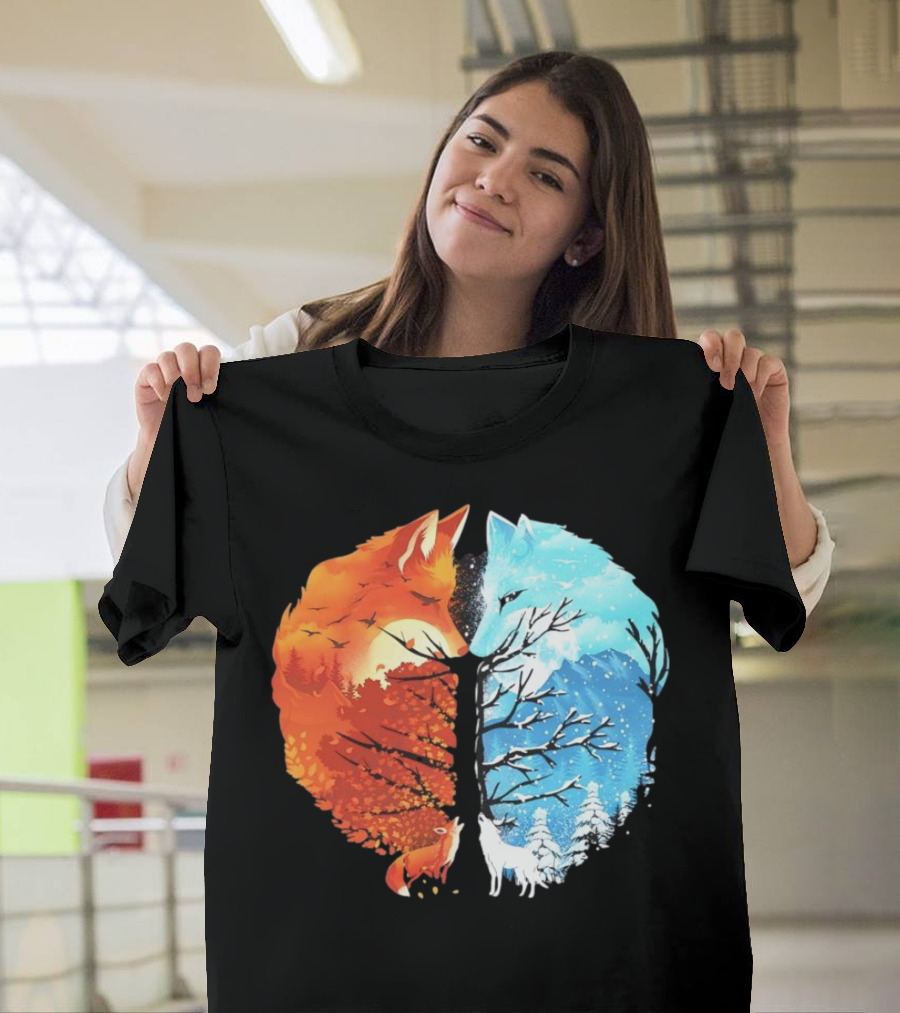 Fire and Ice Fox Dual Seasons Tree T-Shirt