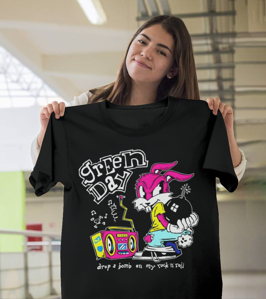 Green Day Drop a Bomb on My Rock ‘N’ Roll Pink Rabbit and Boombox T-Shirt
