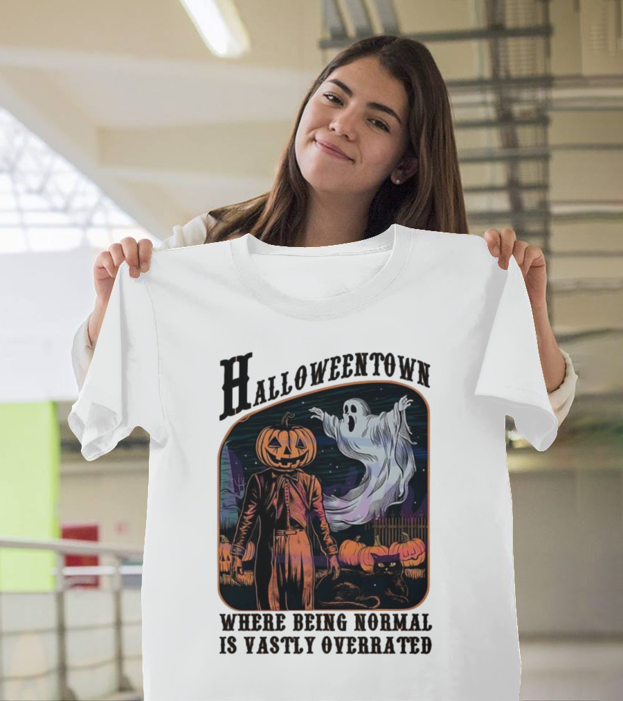 Halloweentown Pumpkin Head and Ghost with Black Cat Where Being Normal Is Vastly Overrated T-Shirt