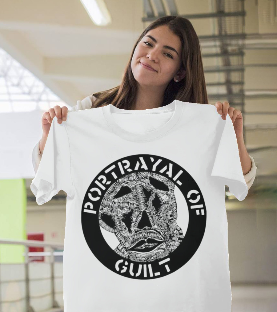 PORTRAYAL OF GUILT Circle Logo with Abstract Face T-Shirt