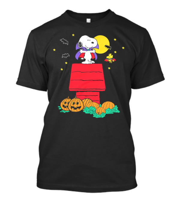 Snoopy And Woodstock As Vampires With Pumpkins Under Moonlit Halloween Sky T-Shirt