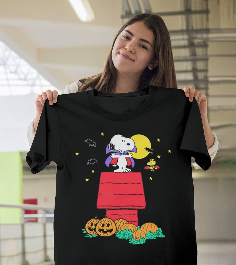 Snoopy and Woodstock as Vampires with Pumpkins under Moonlit Halloween Sky T-Shirt