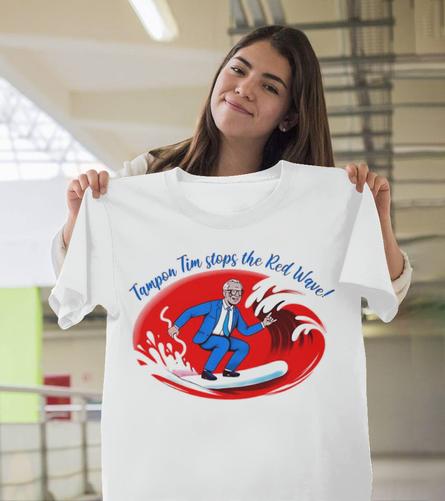 Tampon Tim Stops the Red Wave Surfing Cartoon T-Shirt