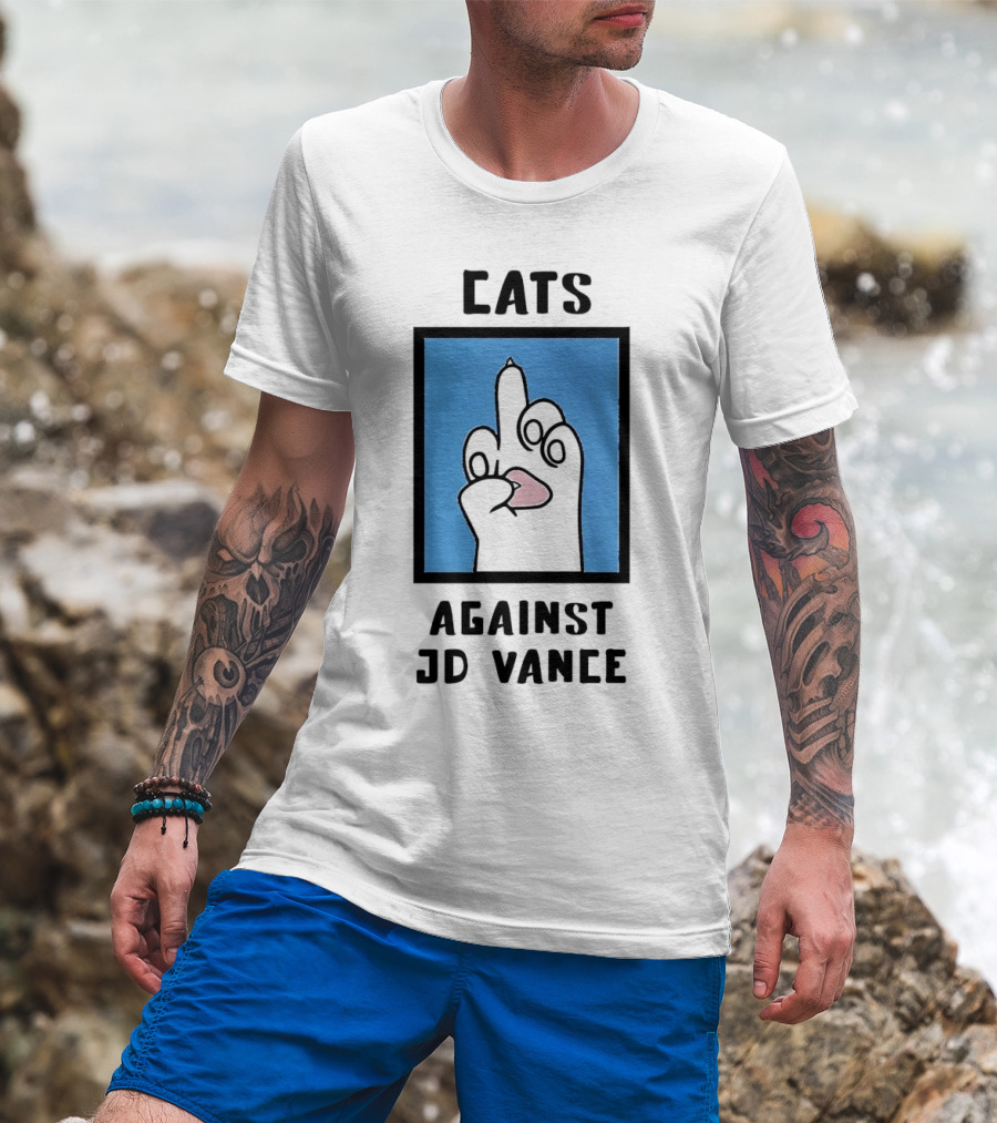 Cats Against JD Vance Middle Finger Paw Drawing T-Shirt