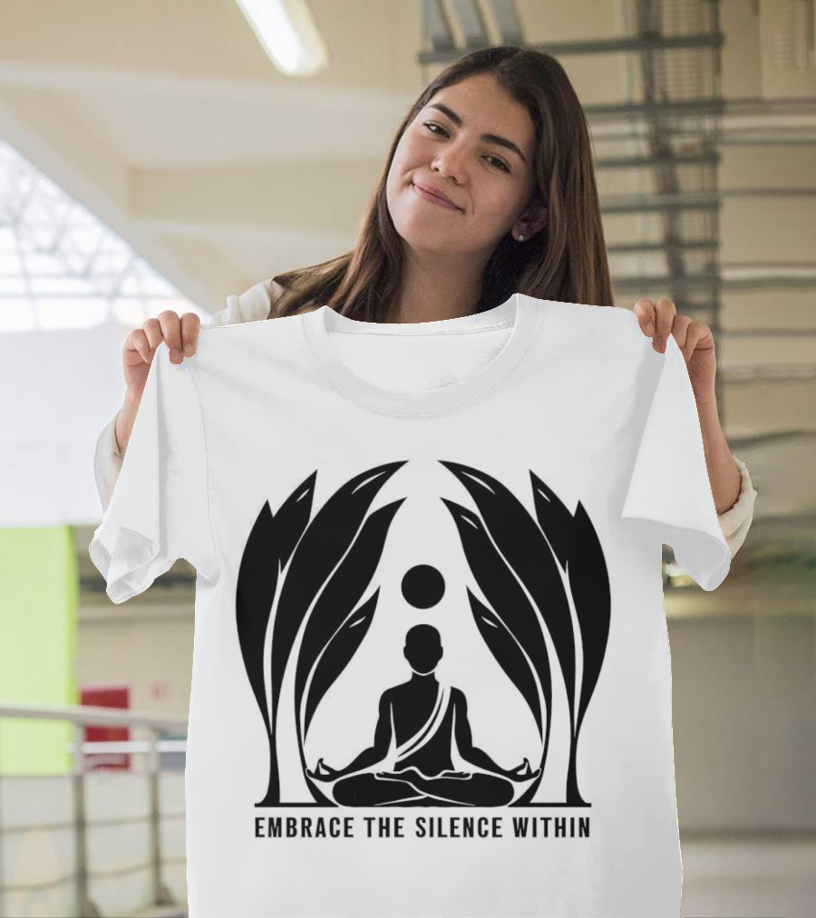 Embrace The Silence Within Meditation Silhouette and Enigmatic Leafy Eyes T-Shirt