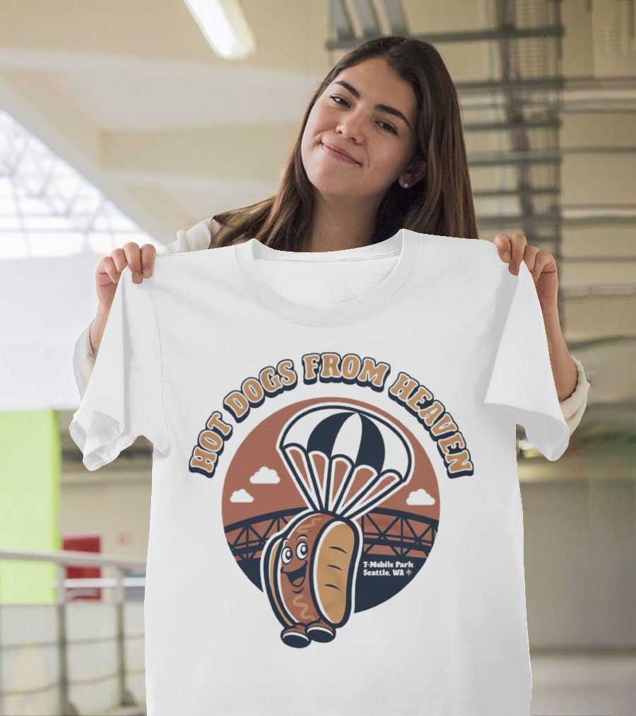 Hot Dogs from Heaven Parachuting Smiling Hot Dog over Bridge T-Shirt