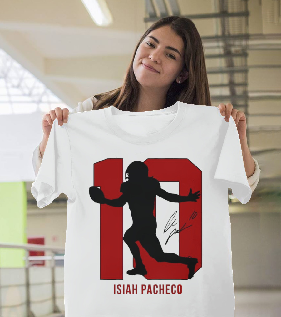 Isiah Pacheco Number 10 Kansas City Chiefs Silo Signature Action T-Shirt