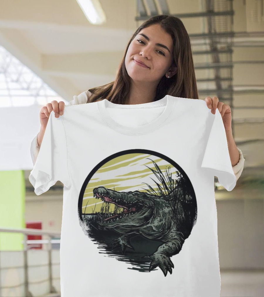 Crocodile Emerging From Water With Yellow Sky And Reeds T-Shirt