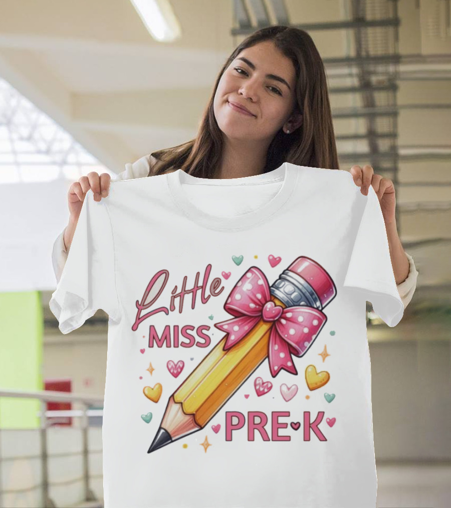 Little Miss Pre-K Pencil With Pink Bow And Hearts T-Shirt