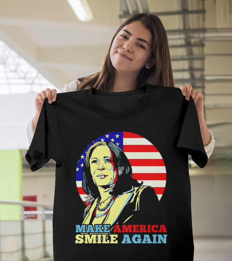 Kamala Harris Make America Smile Again Poster with American Flag Background T-Shirt