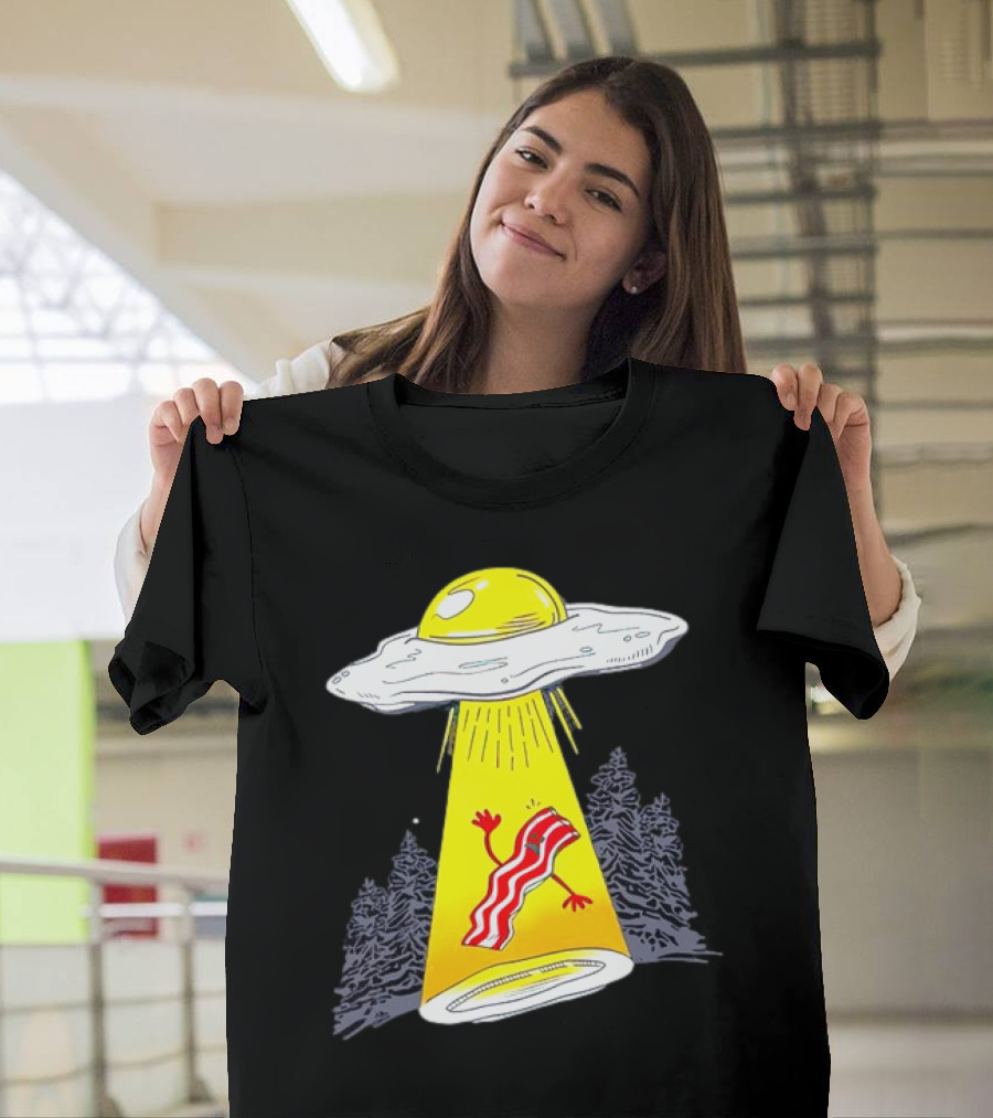 Wonder Nation Alien Breakfast Egg UFO Beaming Up a Walking Bacon Slice in Forest T-Shirt