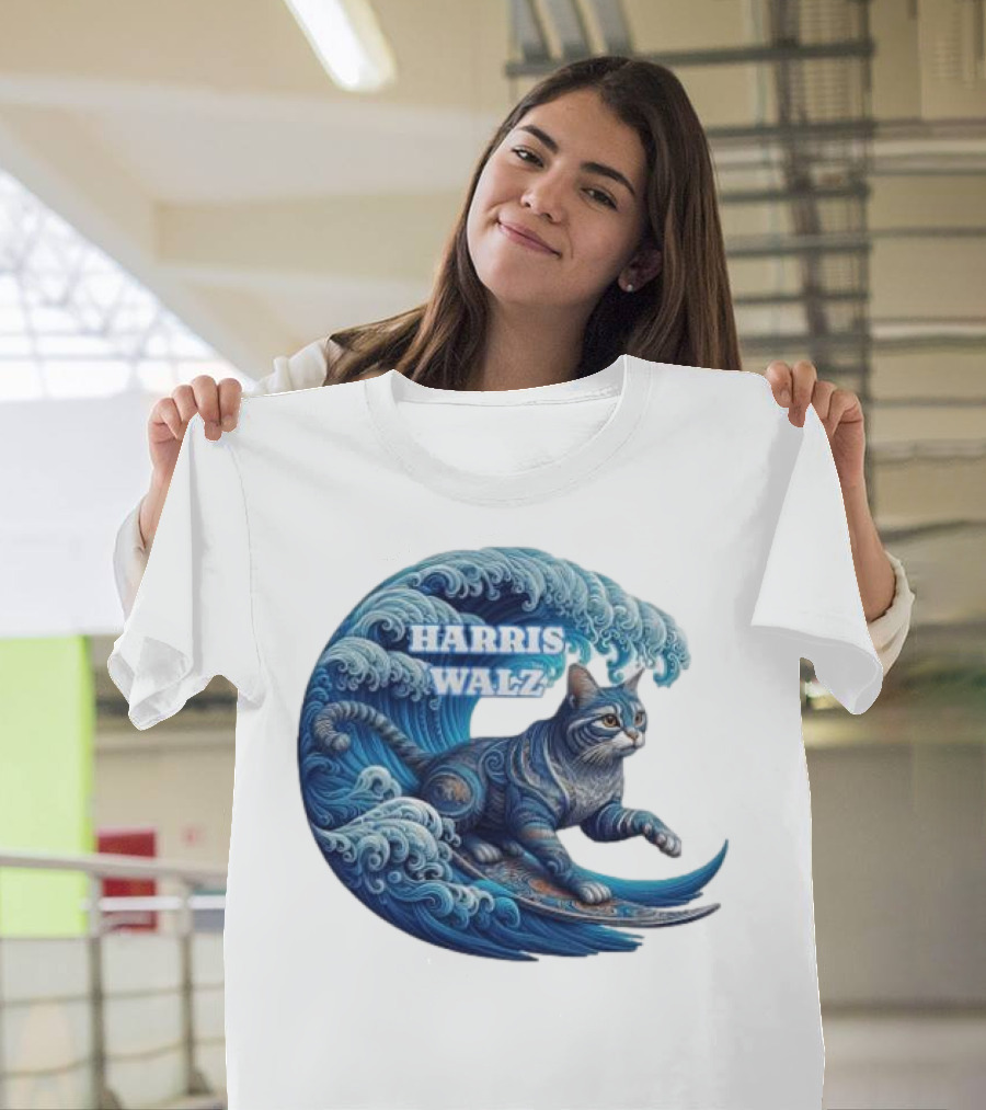 Harris Walz Blue Wave Lady Cat Surfing T-Shirt