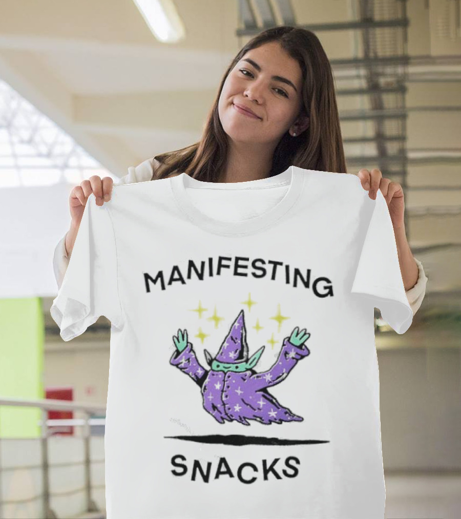 Manifesting Snacks Flying Wizard With Stars T-Shirt