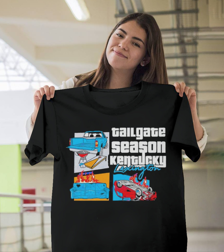 Tailgate Season Kentucky Lexington Truck BBQ Couch Fire Car Flip T-Shirt
