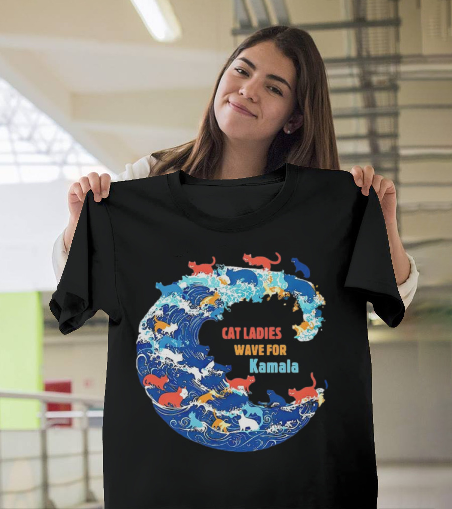 Cat Ladies Wave for Kamala in Colorful Ocean Cats T-Shirt
