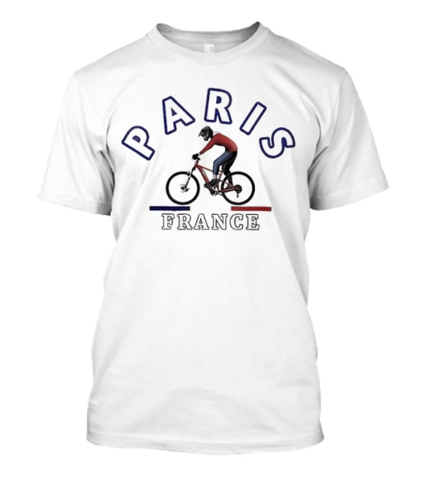 Paris France Bicycle Rider IN Red And Blue T-Shirt