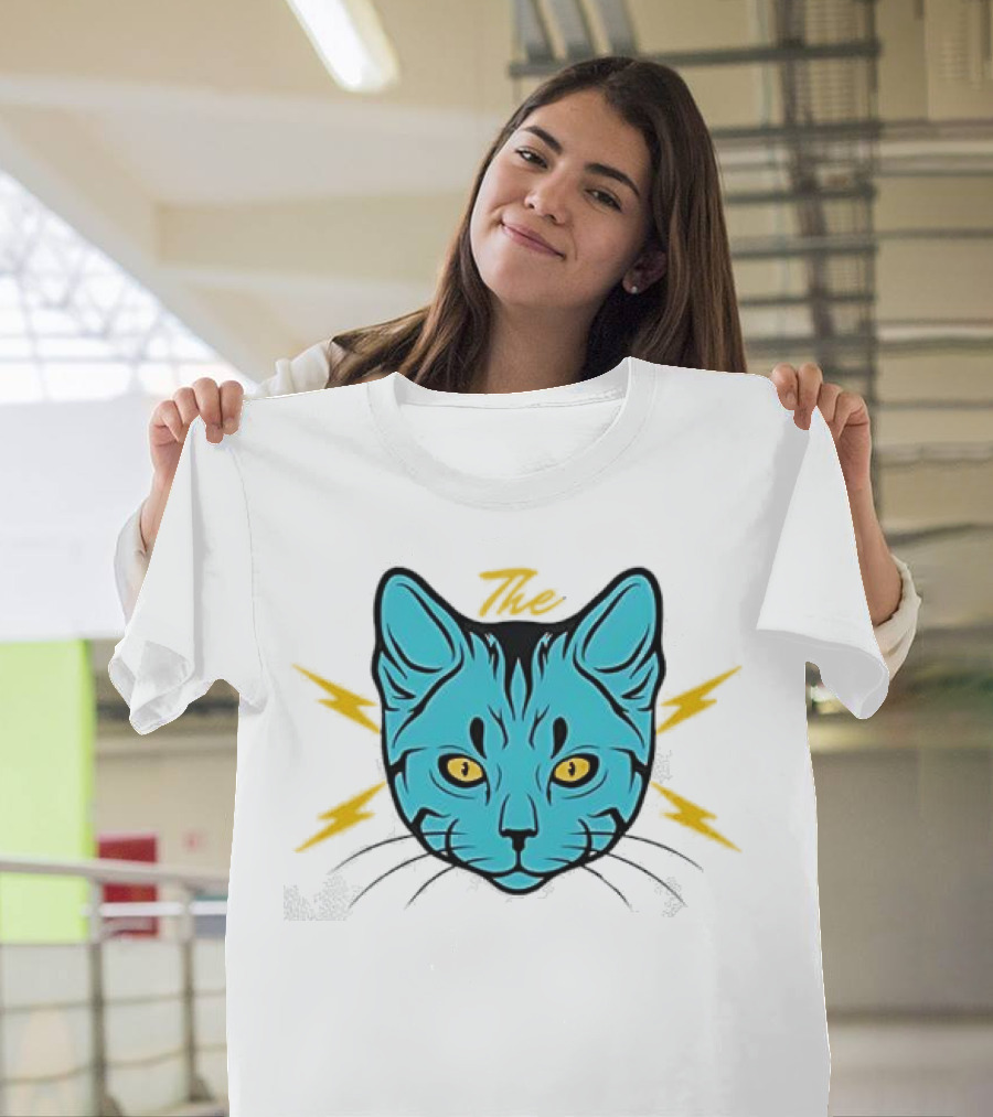 The Cat Thunder Studio Blue Cat Head with Yellow Lightning Bolts T-Shirt