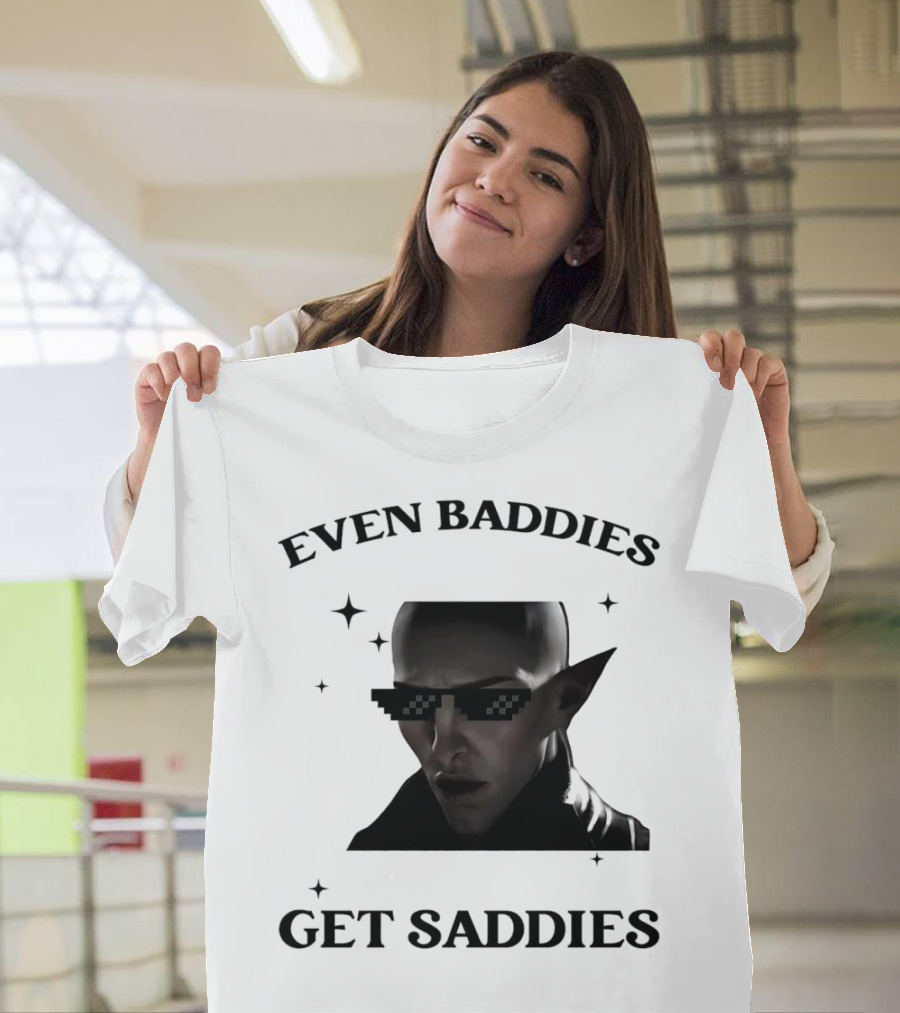 Even Baddies Get Saddies Pixelated Sunglasses Bald Elf Character T-Shirt