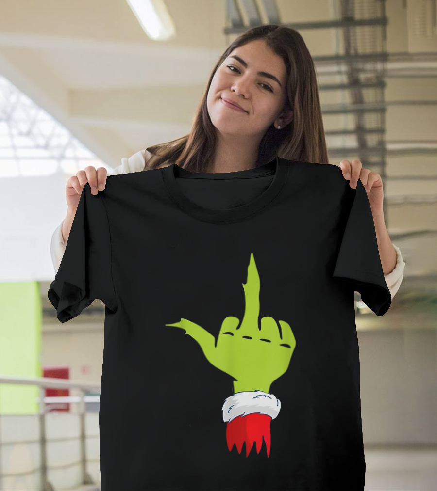 Grinch Middle Finger Merry Christmas Santa Hand Gesture T-Shirt