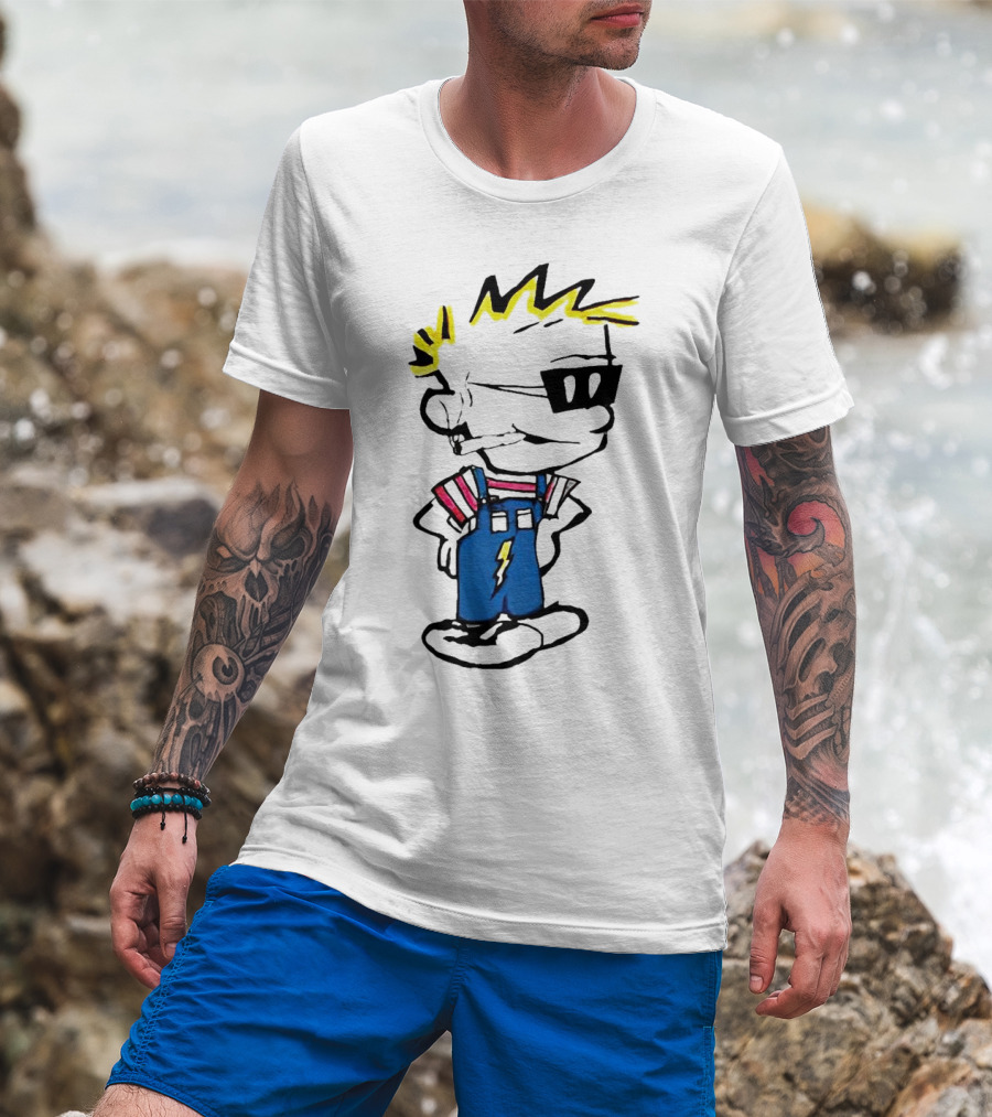 Calvin And Hobbes Spaceman Spiff Lightning Overalls Yellow Hair Sunglasses T-Shirt
