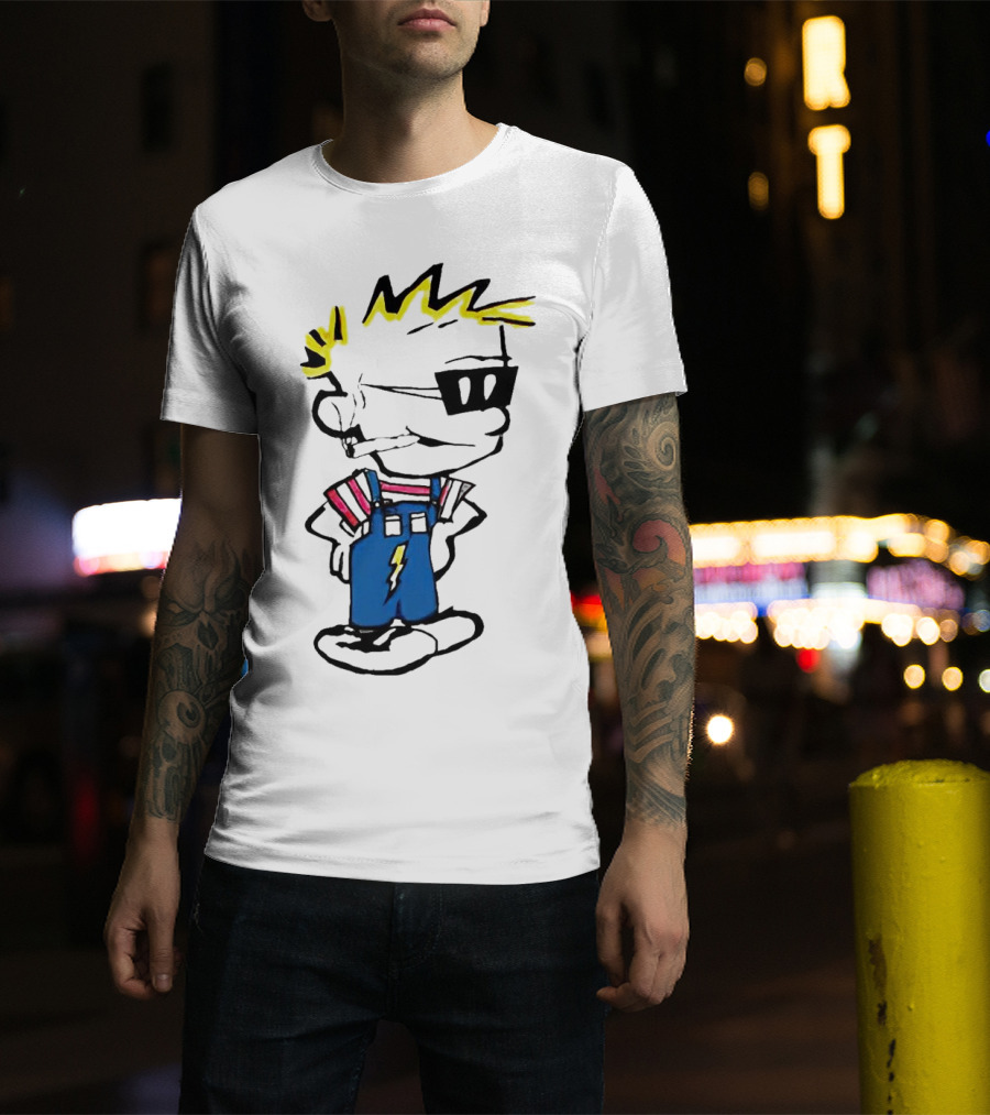 Calvin And Hobbes Spaceman Spiff Lightning Overalls Yellow Hair Sunglasses T-Shirt