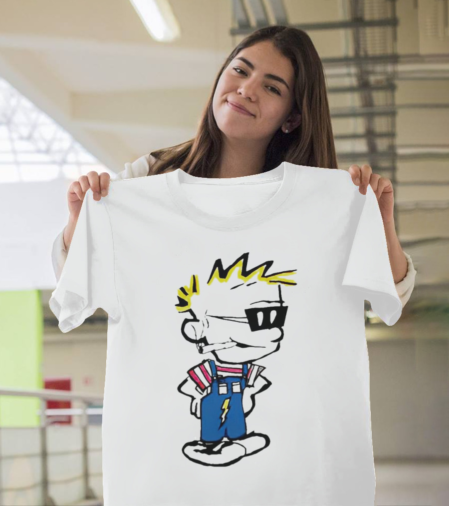 Calvin And Hobbes Spaceman Spiff Lightning Overalls Yellow Hair Sunglasses T-Shirt