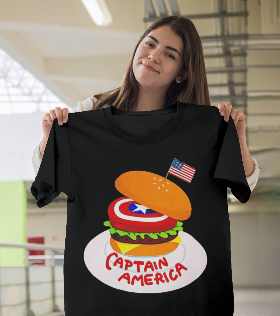 Captain America Burger with Flag and Shield Lettuce Bun T-Shirt