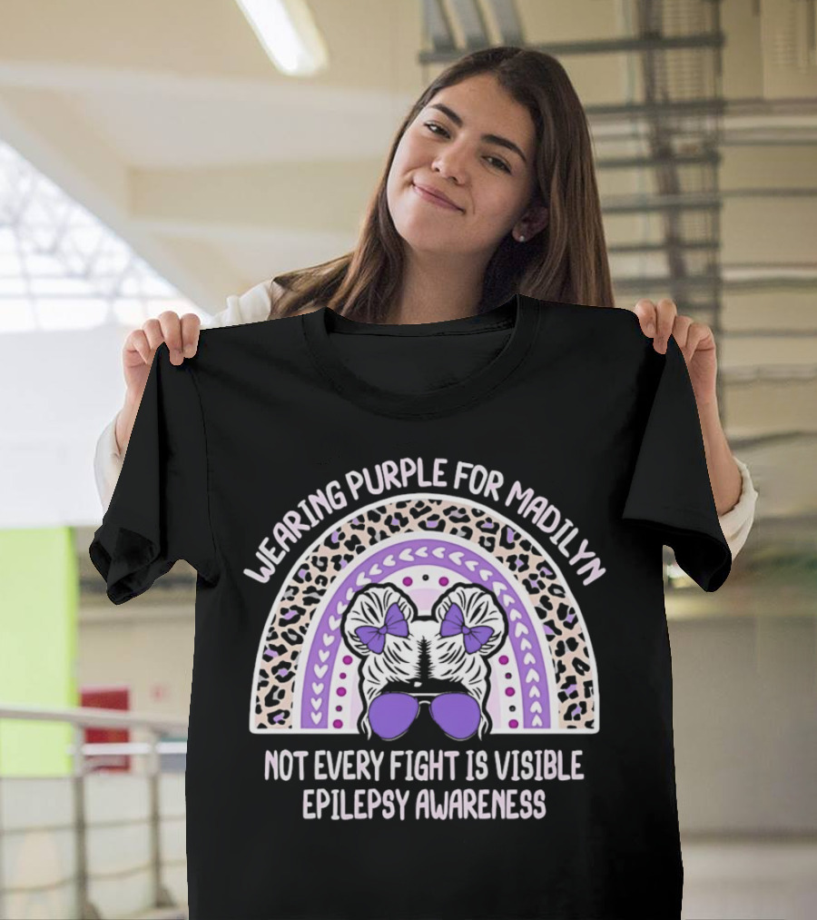 Wearing Purple for Madilyn Not Every Fight Is Visible Epilepsy Awareness Rainbow Leopard Print Glasses Bows T-Shirt