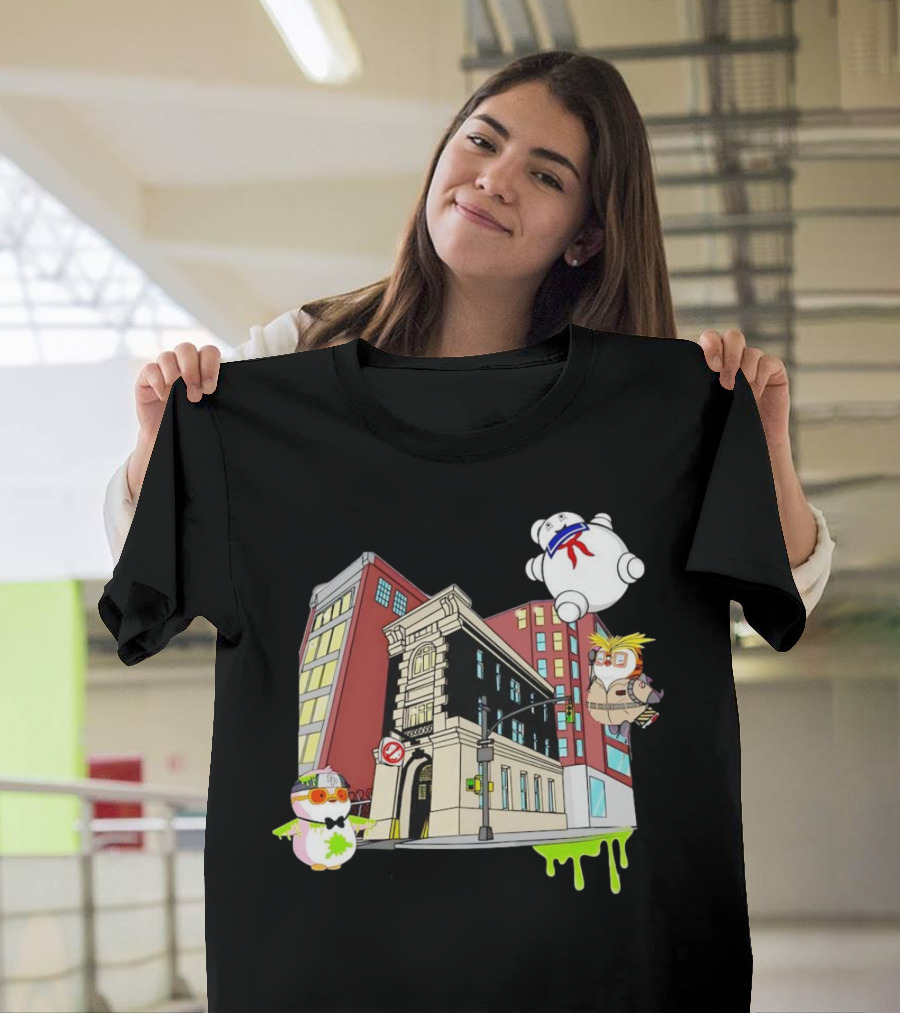 Stay Puft Marshmallow Man Pudgy Penguins Ghostbusters Firehouse Scene T-Shirt