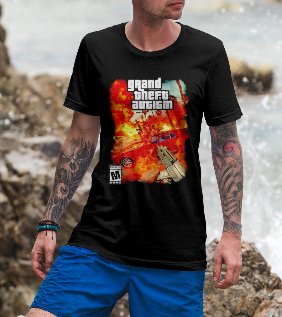 Grand Theft Autism Video Game Cover Parody With Car And Weapon T-Shirt