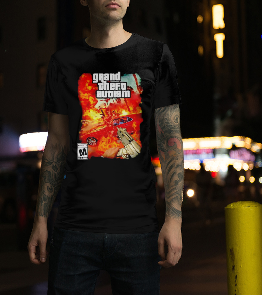 Grand Theft Autism Video Game Cover Parody With Car And Weapon T-Shirt