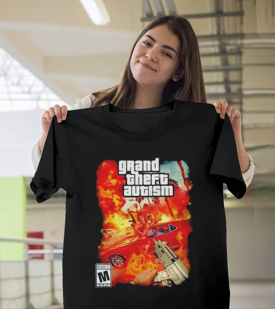 Grand Theft Autism Video Game Cover Parody with Car and Weapon T-Shirt