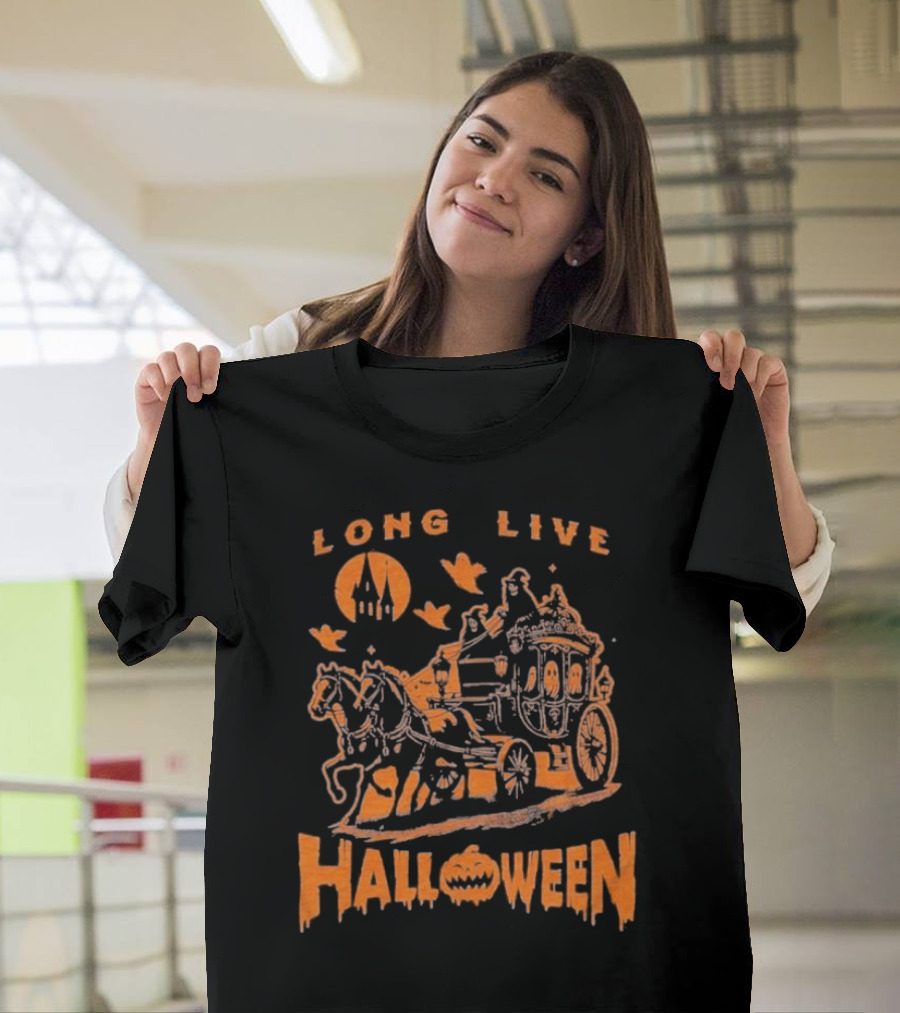 Long Live Halloween Haunted Carriage with Castle and Bats T-Shirt