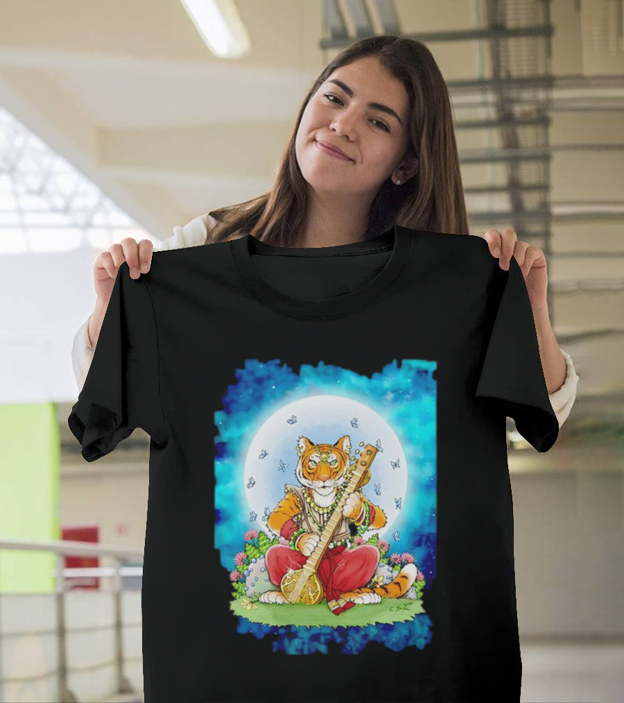 Tiger Playing Sitar Under Moonlit Sky T-Shirt
