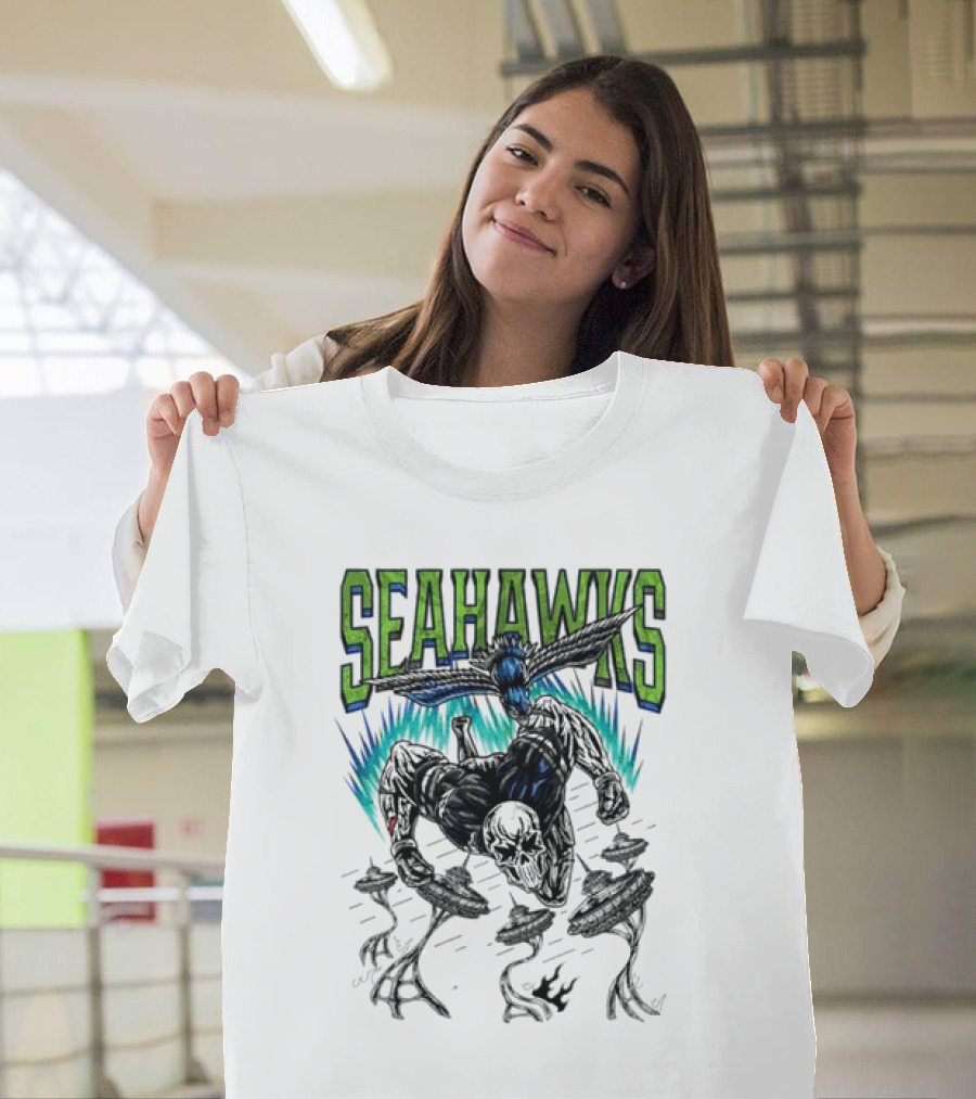 Seattle Seahawks Skeleton With Winged Bird And Blue Flames T-Shirt